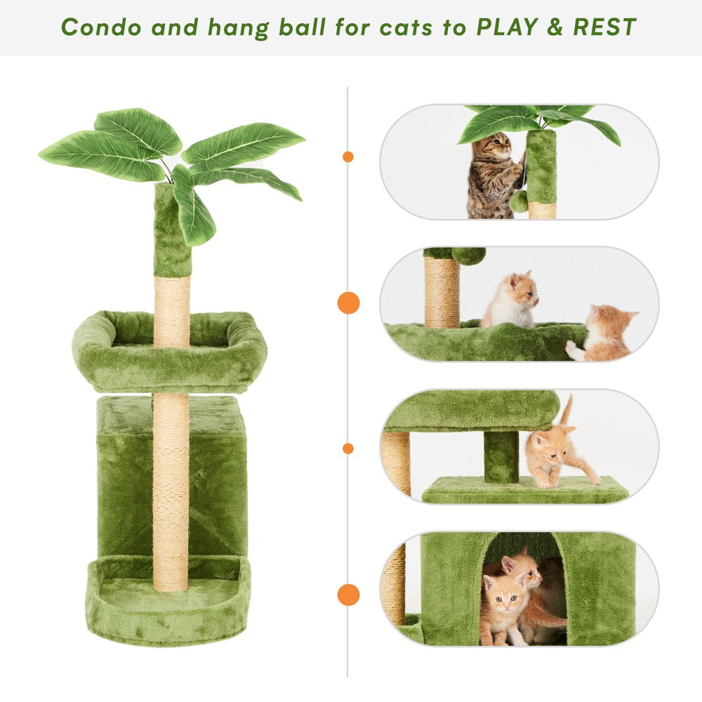 31.5" Cat Tree Cat Tower for Indoor Cats with Green Leaves, Cat Condo Cozy Plush Cat House with Hang Ball and Leaf Shape Design, Cat Furniture Pet House with Cat Scratching Posts, Green