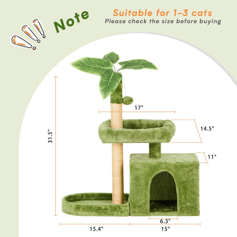 31.5" Cat Tree Cat Tower for Indoor Cats with Green Leaves, Cat Condo Cozy Plush Cat House with Hang Ball and Leaf Shape Design, Cat Furniture Pet House with Cat Scratching Posts, Green