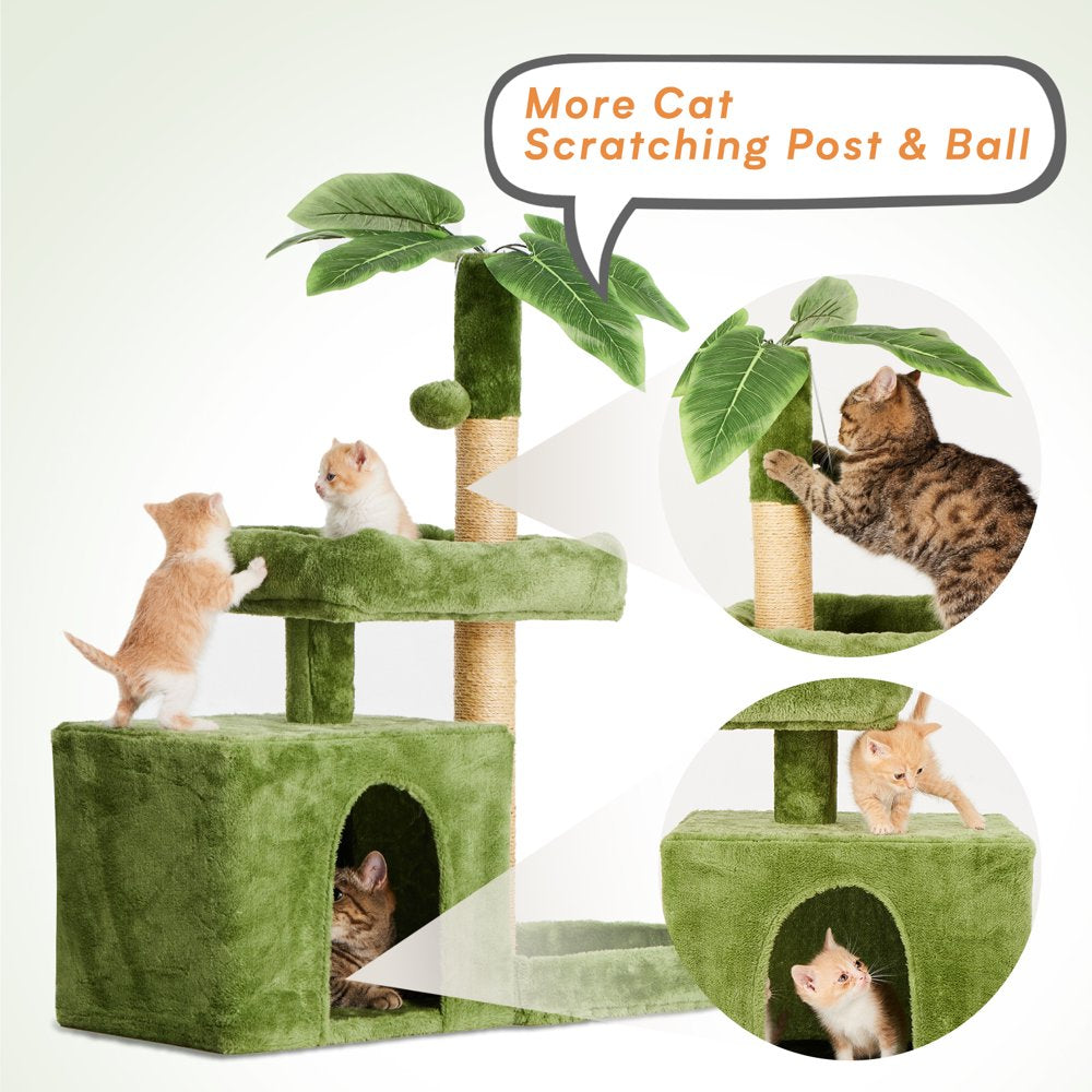 31.5" Cat Tree Cat Tower for Indoor Cats with Green Leaves, Cat Condo Cozy Plush Cat House with Hang Ball and Leaf Shape Design, Cat Furniture Pet House with Cat Scratching Posts, Green